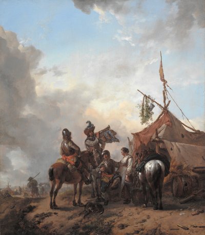 Soldaten die feestvieren met een dienstmeid buiten een tent door Philips Wouwerman